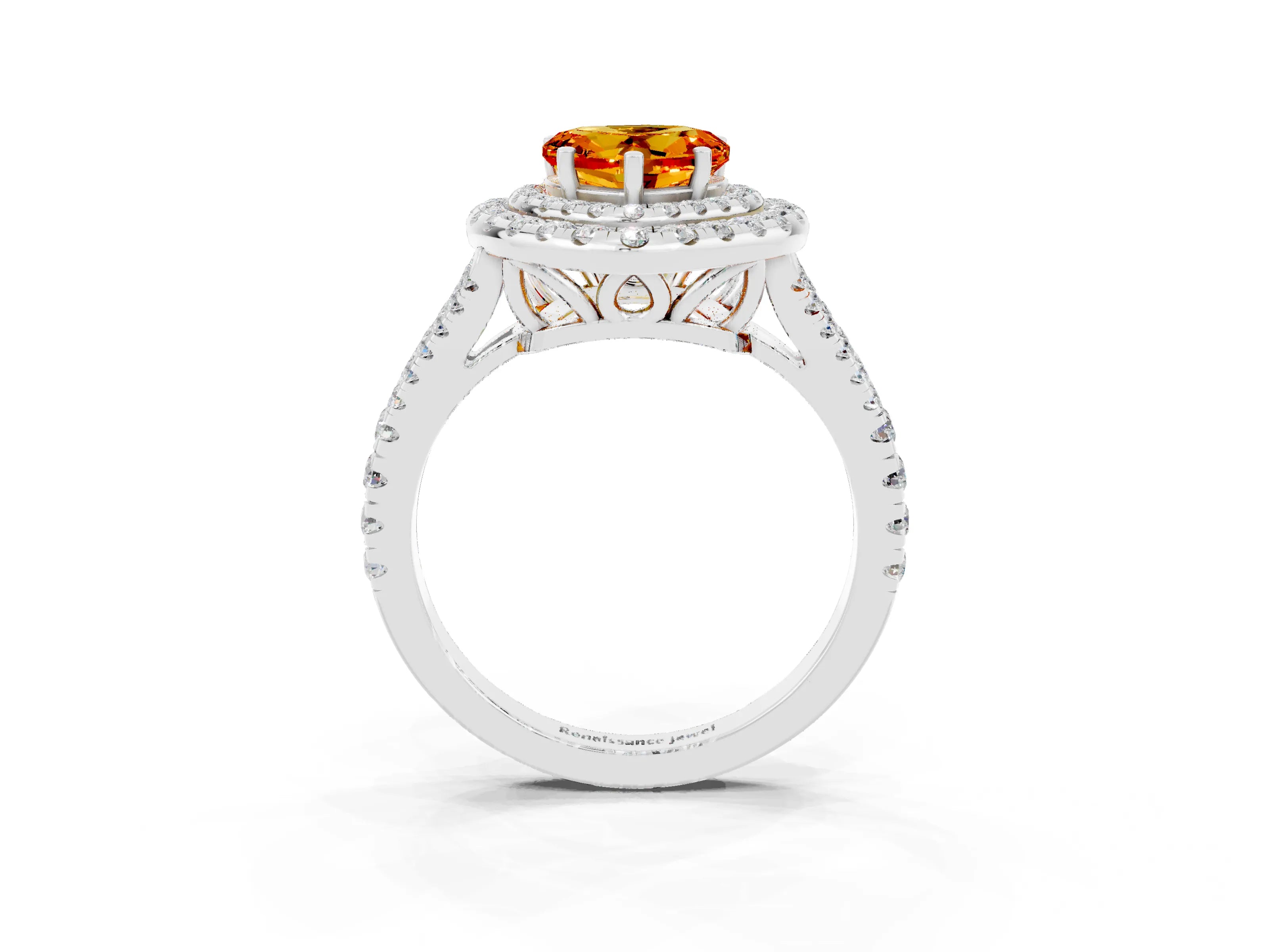White gold Heart Cut Citrine Double Halo Ring with Pavé Band and Prong Setting_15
