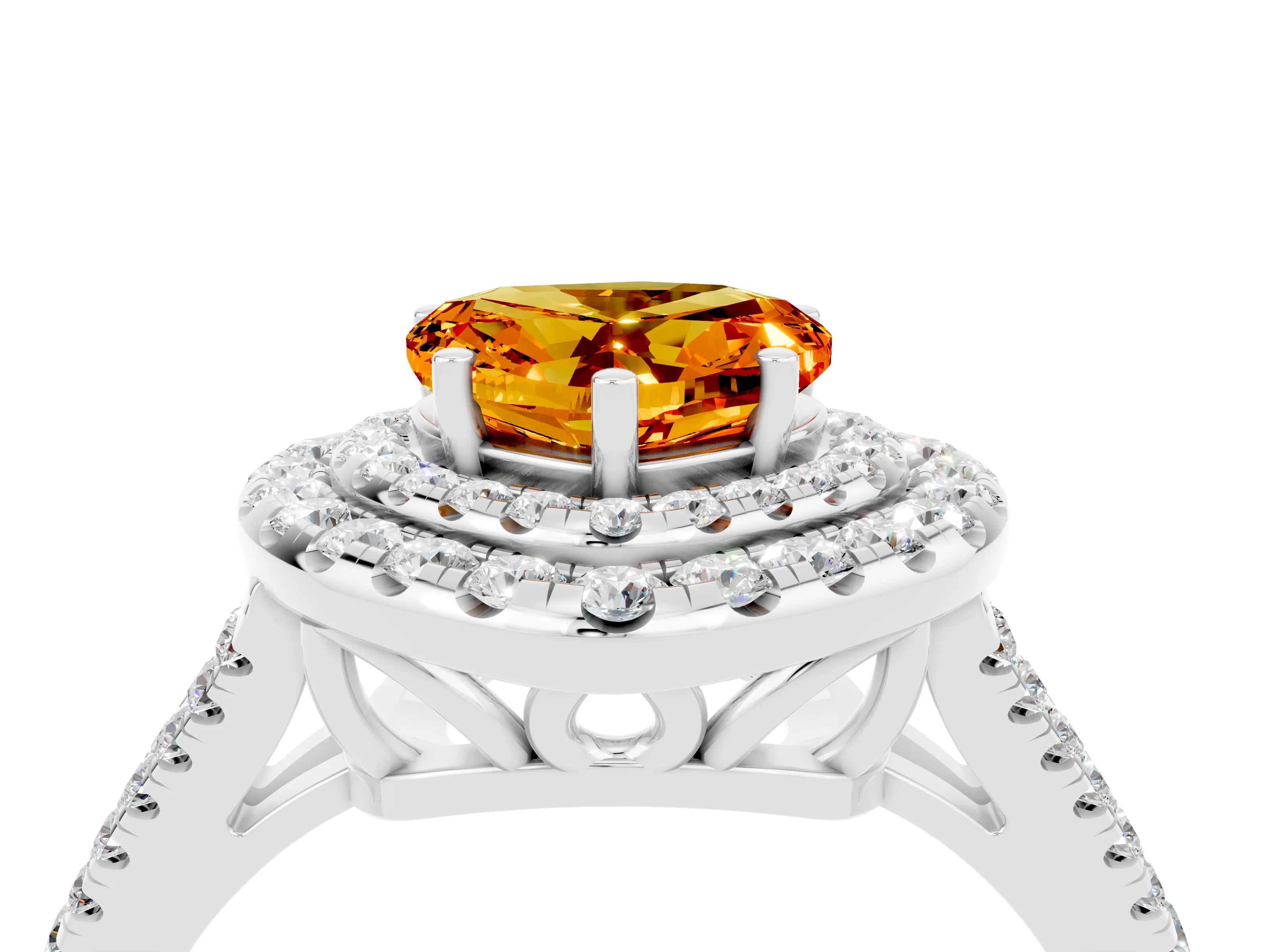 White gold Heart Cut Citrine Double Halo Ring with Pavé Band and Prong Setting_16