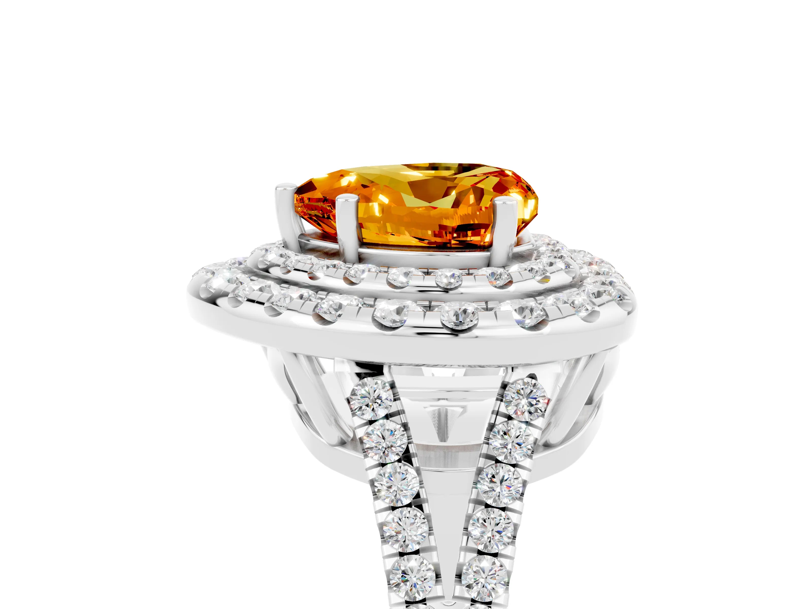White gold Heart Cut Citrine Double Halo Ring with Pavé Band and Prong Setting_17