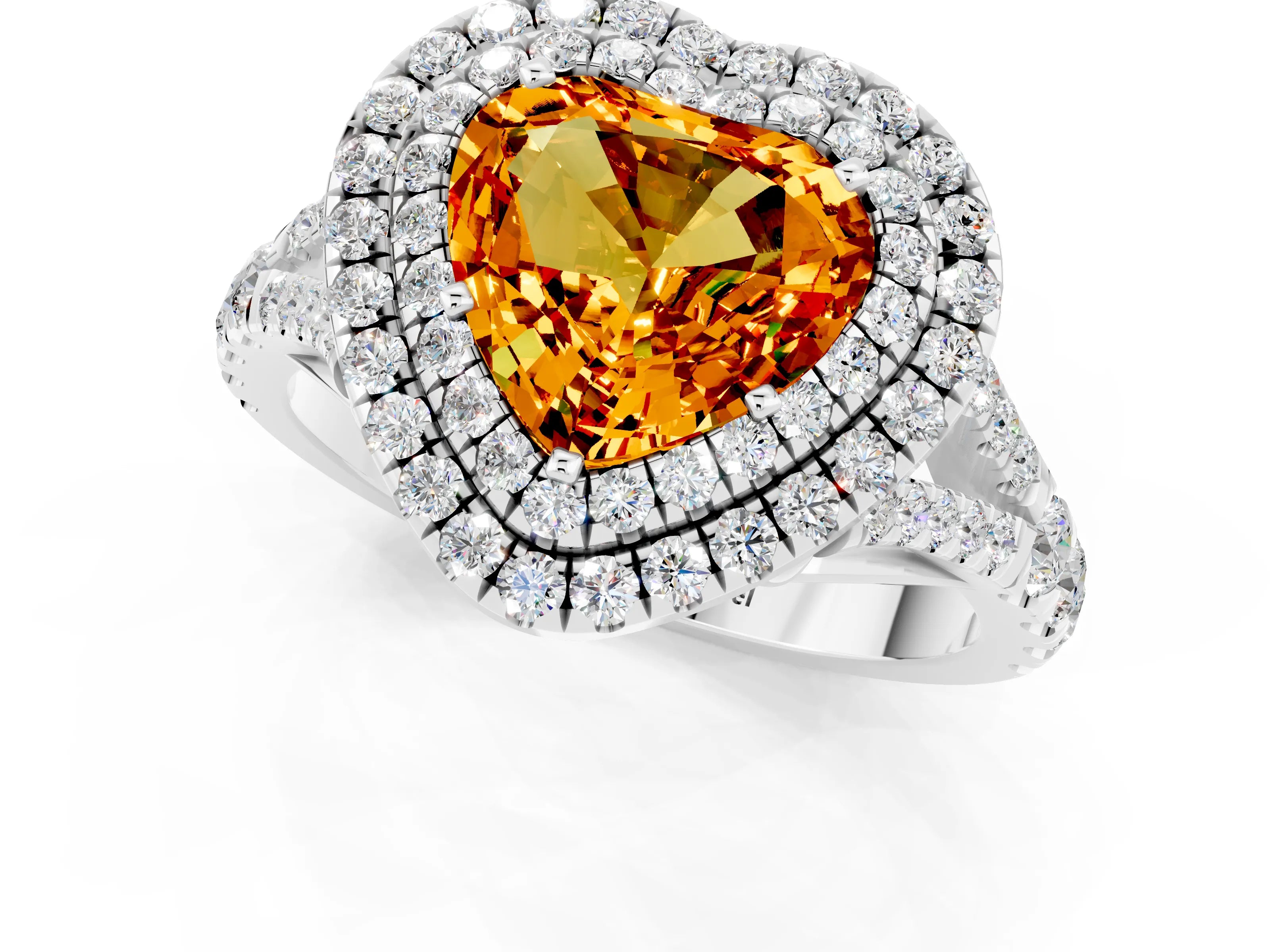 White gold Heart Cut Citrine Double Halo Ring with Split Shank and Prong Setting_13