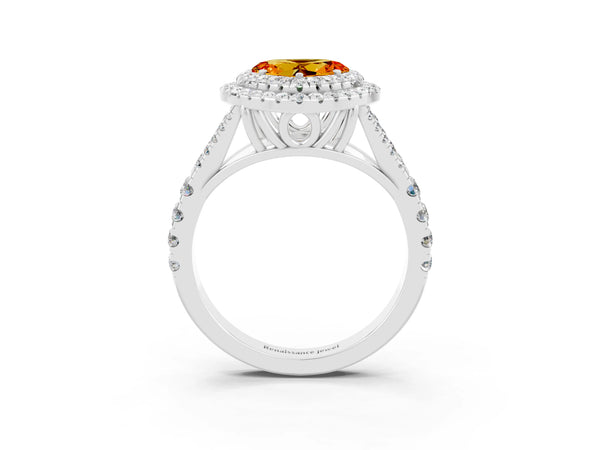 Platinum Heart Cut Citrine Double Halo Ring with Split Shank and Prong Setting