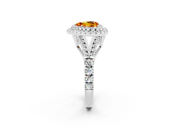 White gold Heart Cut Citrine Double Halo Ring with Split Shank and Prong Setting