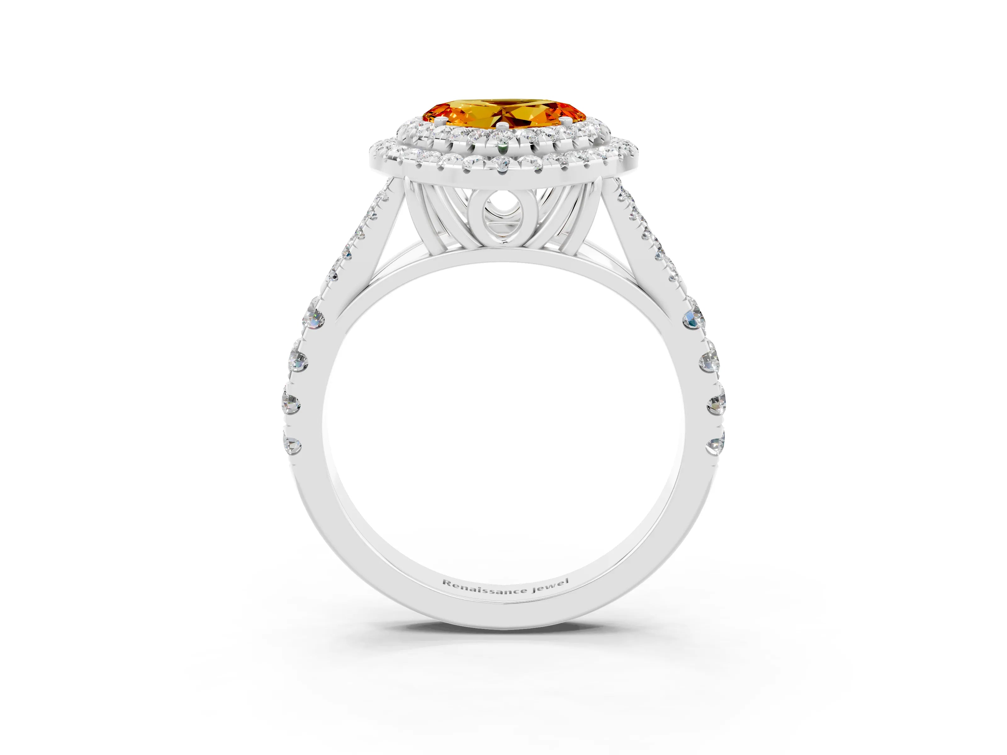 White gold Heart Cut Citrine Double Halo Ring with Split Shank and Prong Setting_27