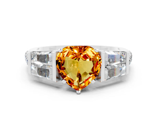 Platinum Heart Cut Citrine Engagement Ring with Baguette Side Stones and Channel Set Band