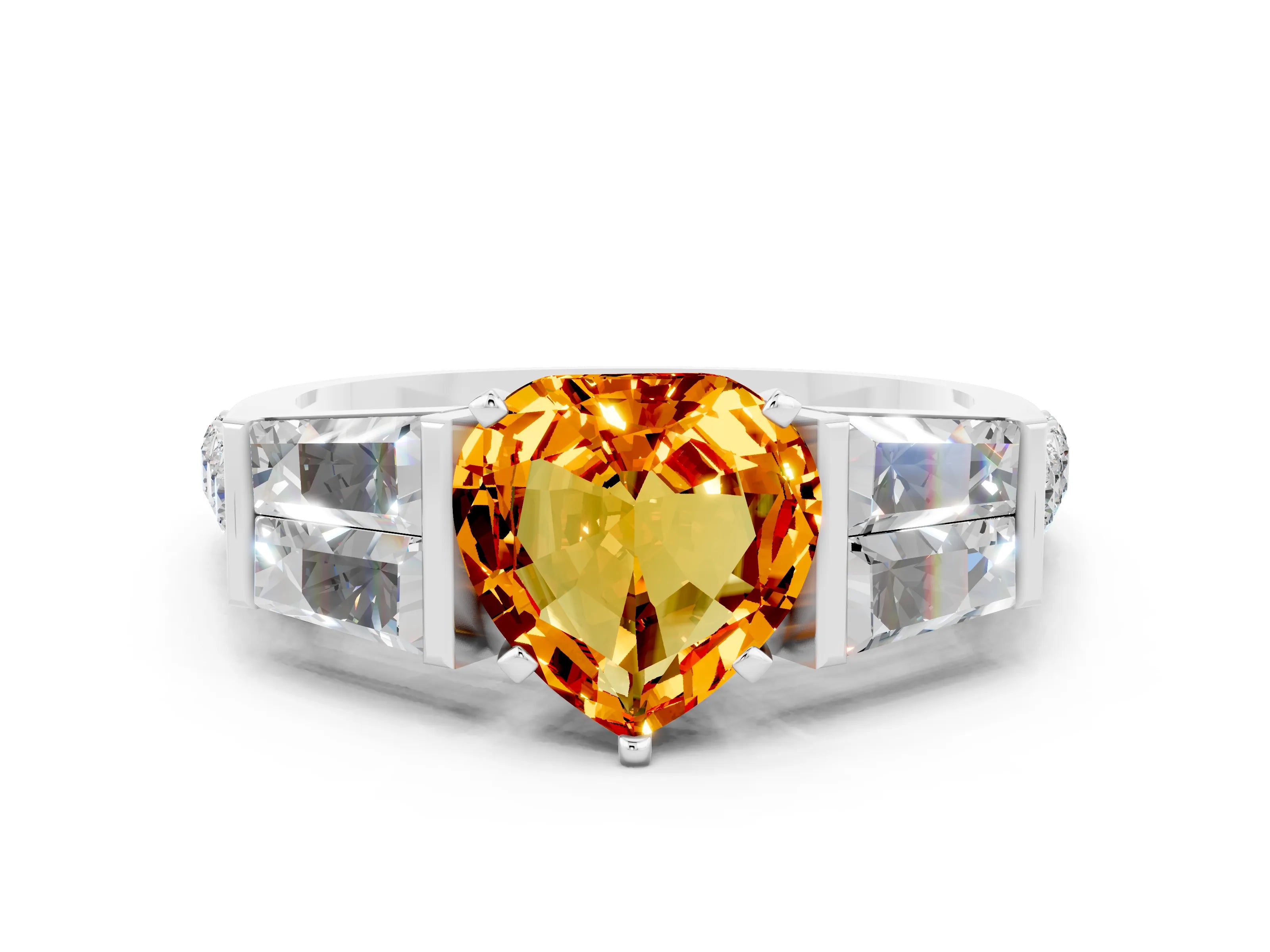 White gold Heart Cut Citrine Engagement Ring with Baguette Side Stones and Channel Set Band