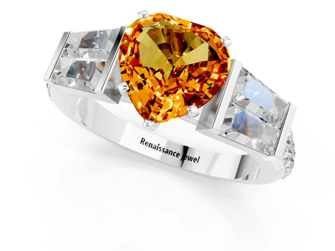 White gold Heart Cut Citrine Engagement Ring with Baguette Side Stones and Channel Set Band_1