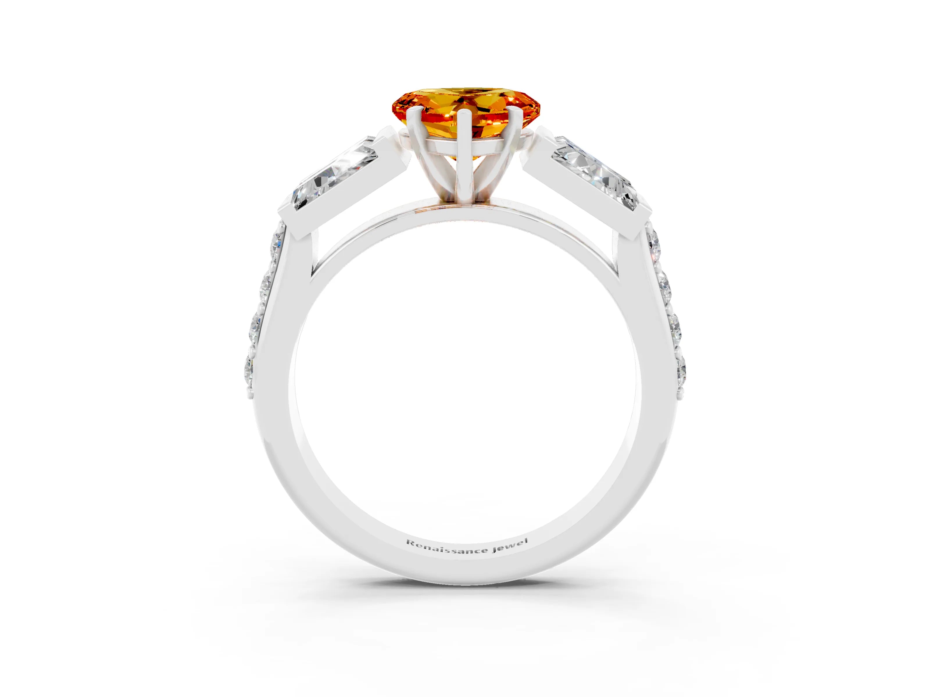 White gold Heart Cut Citrine Engagement Ring with Baguette Side Stones and Channel Set Band_3