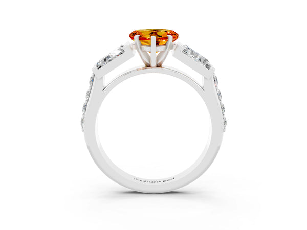 Platinum Heart Cut Citrine Engagement Ring with Baguette Side Stones and Channel Set Band