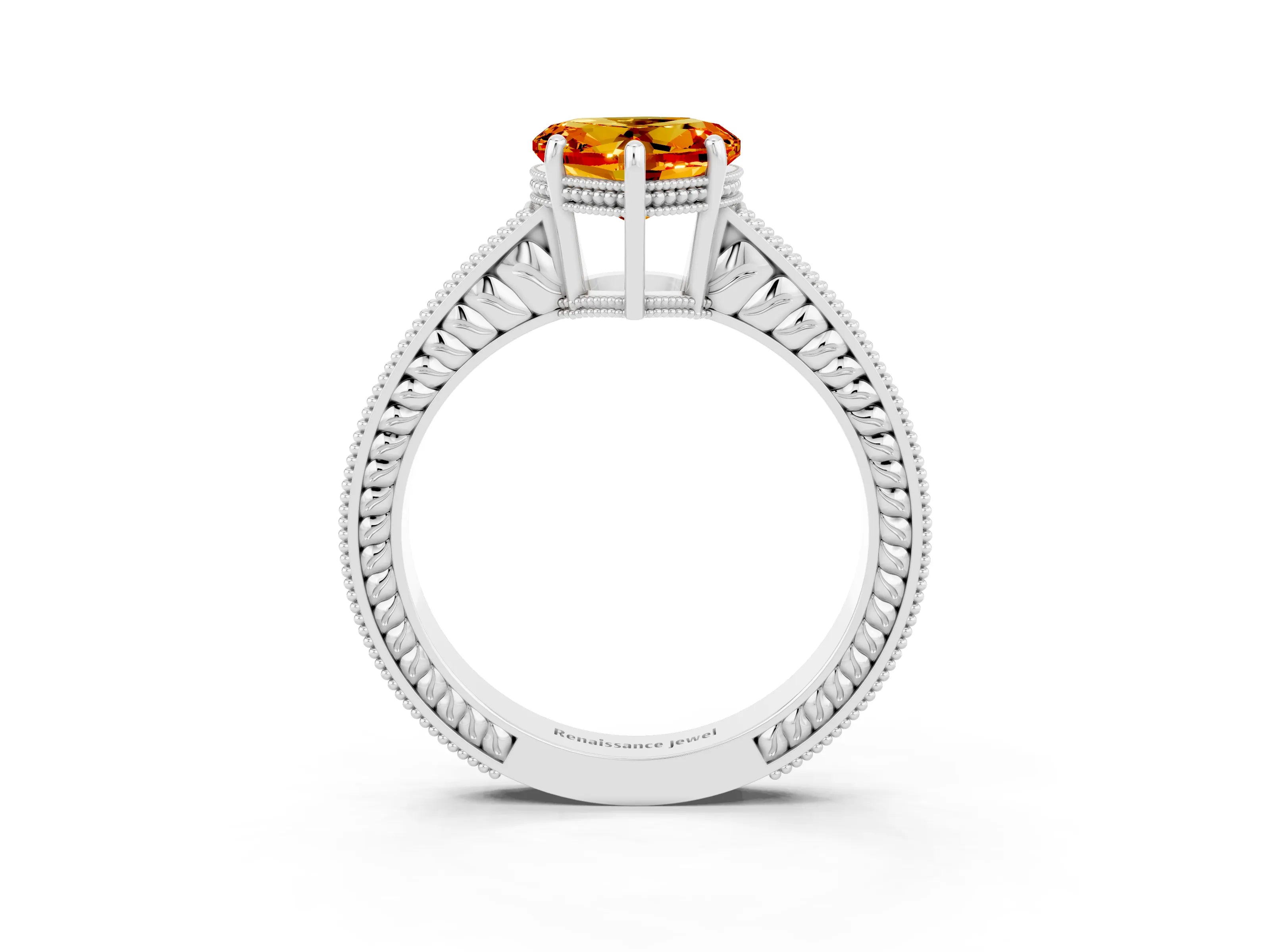 White gold Heart Cut Citrine Engagement Ring with Milgrain Channel Set Band and Prong Setting_3