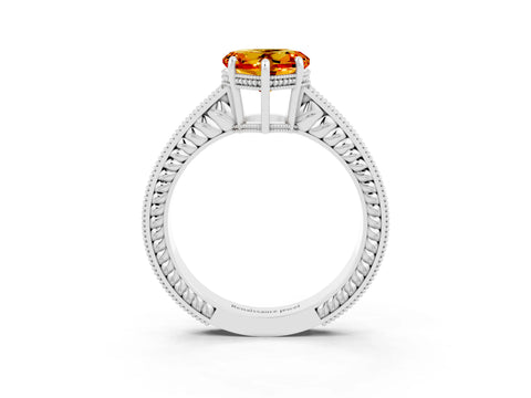White gold Heart Cut Citrine Engagement Ring with Milgrain Channel Set Band and Prong Setting_3