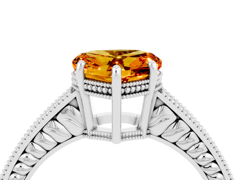 White gold Heart Cut Citrine Engagement Ring with Milgrain Channel Set Band and Prong Setting_4