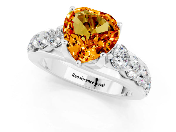 Platinum Heart Cut Citrine Engagement Ring with Pavé Band and Four-Prong Setting