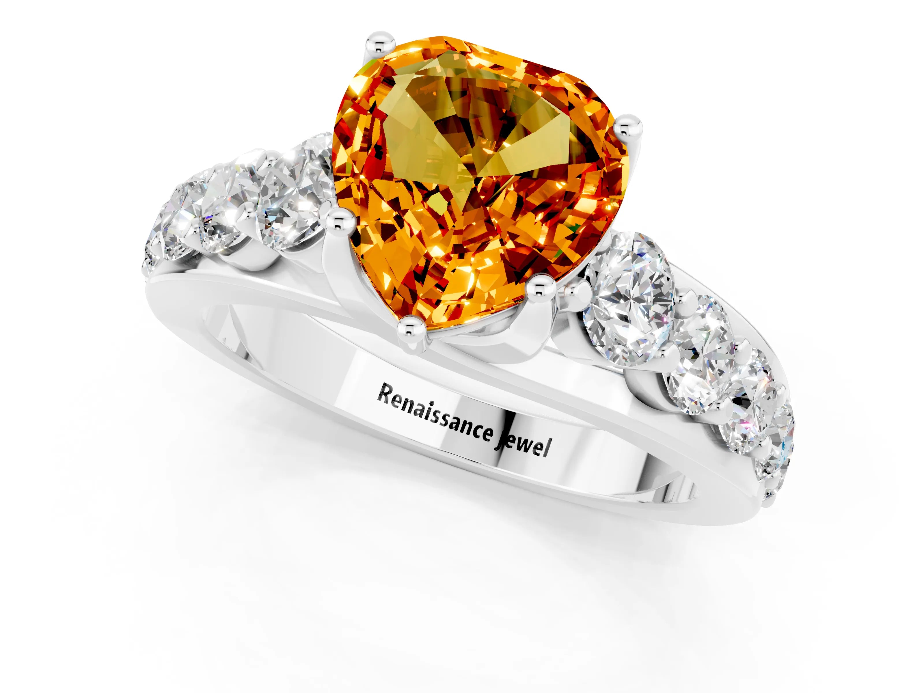 White gold Heart Cut Citrine Engagement Ring with Pavé Band and Four-Prong Setting_1