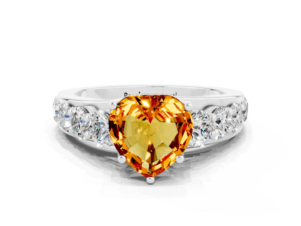 White gold Heart Cut Citrine Engagement Ring with Pavé Band and Four-Prong Setting