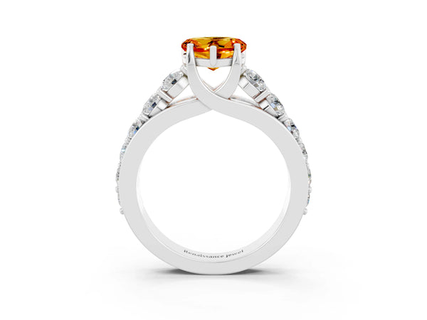 White gold Heart Cut Citrine Engagement Ring with Pavé Band and Four-Prong Setting