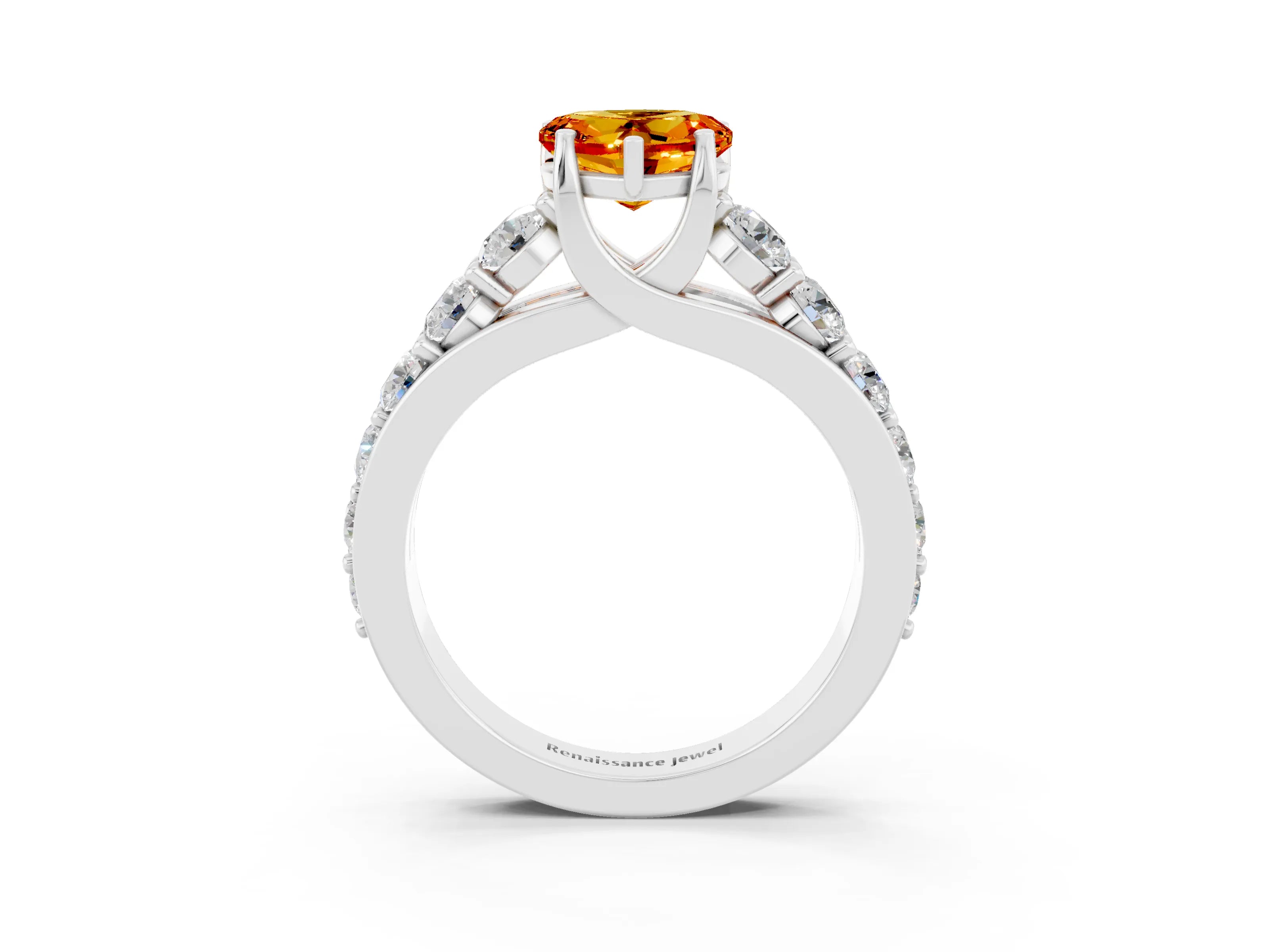 White gold Heart Cut Citrine Engagement Ring with Pavé Band and Four-Prong Setting_3
