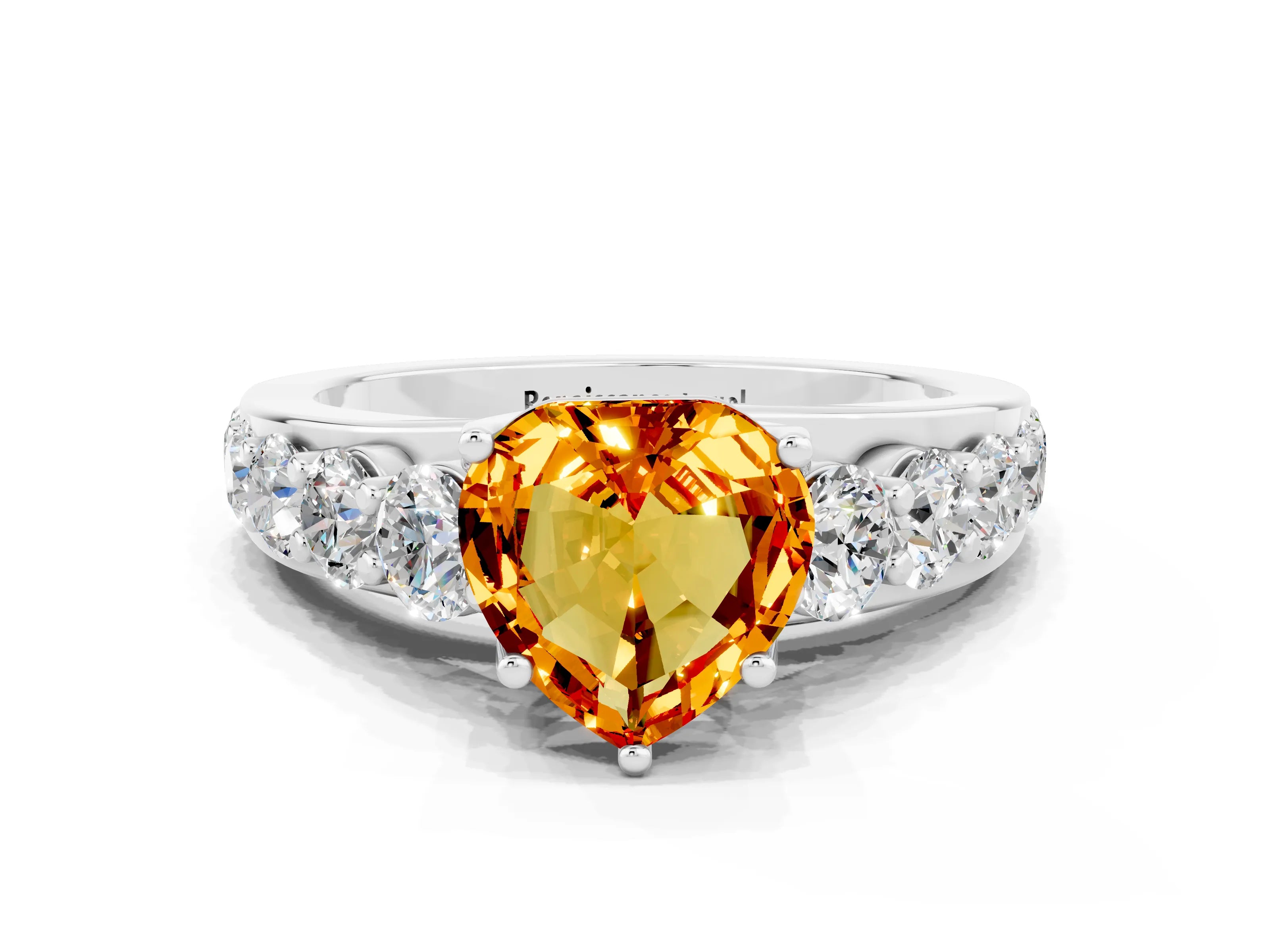 White gold Heart Cut Citrine Engagement Ring with Pavé Band and Four-Prong Setting