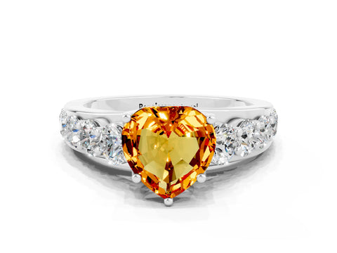 White gold Heart Cut Citrine Engagement Ring with Pavé Band and Four-Prong Setting