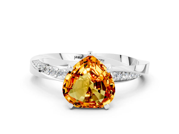 White gold Heart Cut Citrine Engagement Ring with Side Stone Accents and Four-Prong Setting
