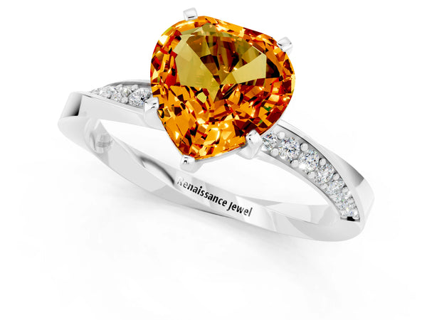 White gold Heart Cut Citrine Engagement Ring with Side Stone Accents and Four-Prong Setting