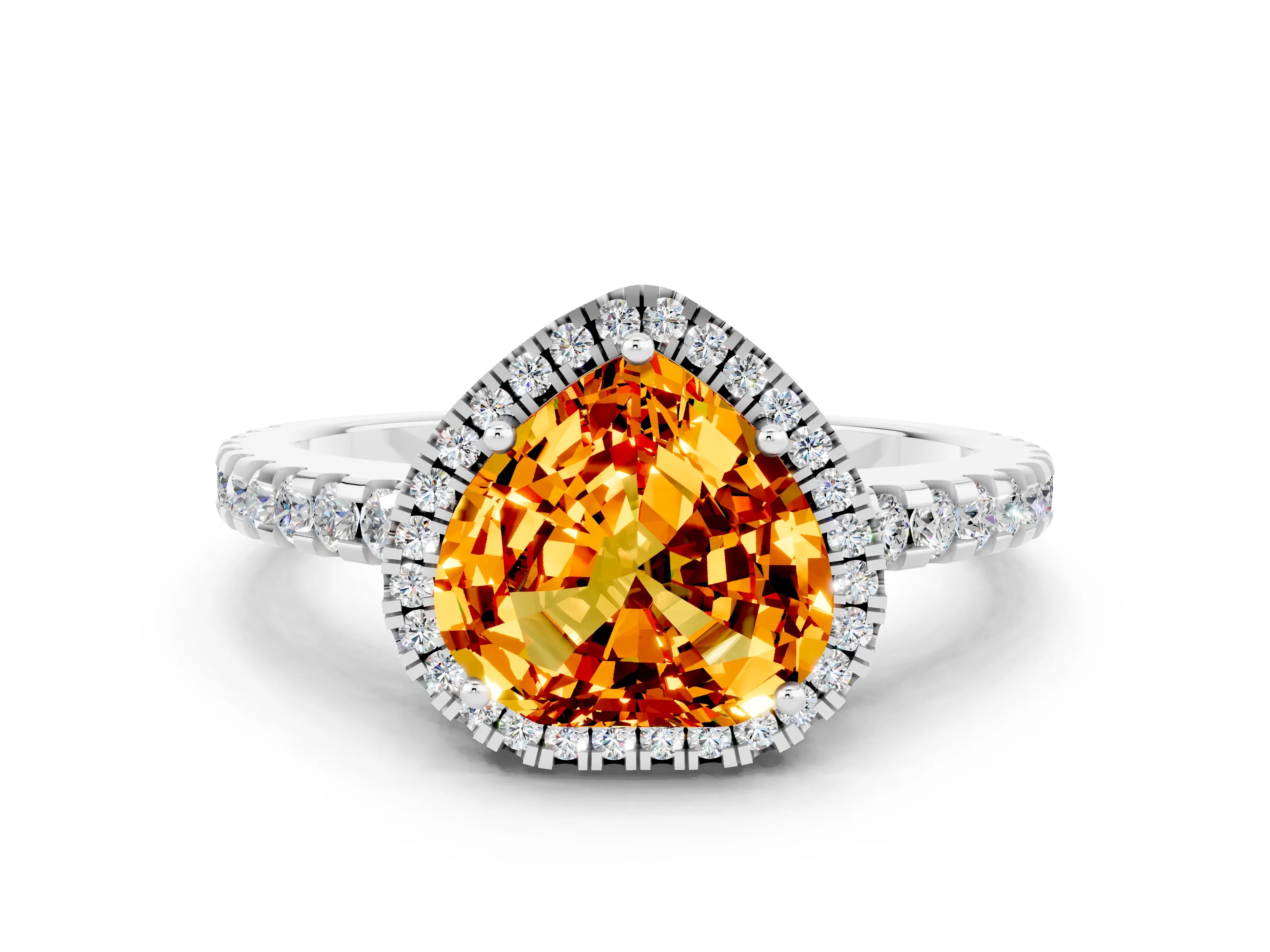 White gold Heart Cut Citrine Halo Engagement Ring with Pavé Band and Prong Setting_12