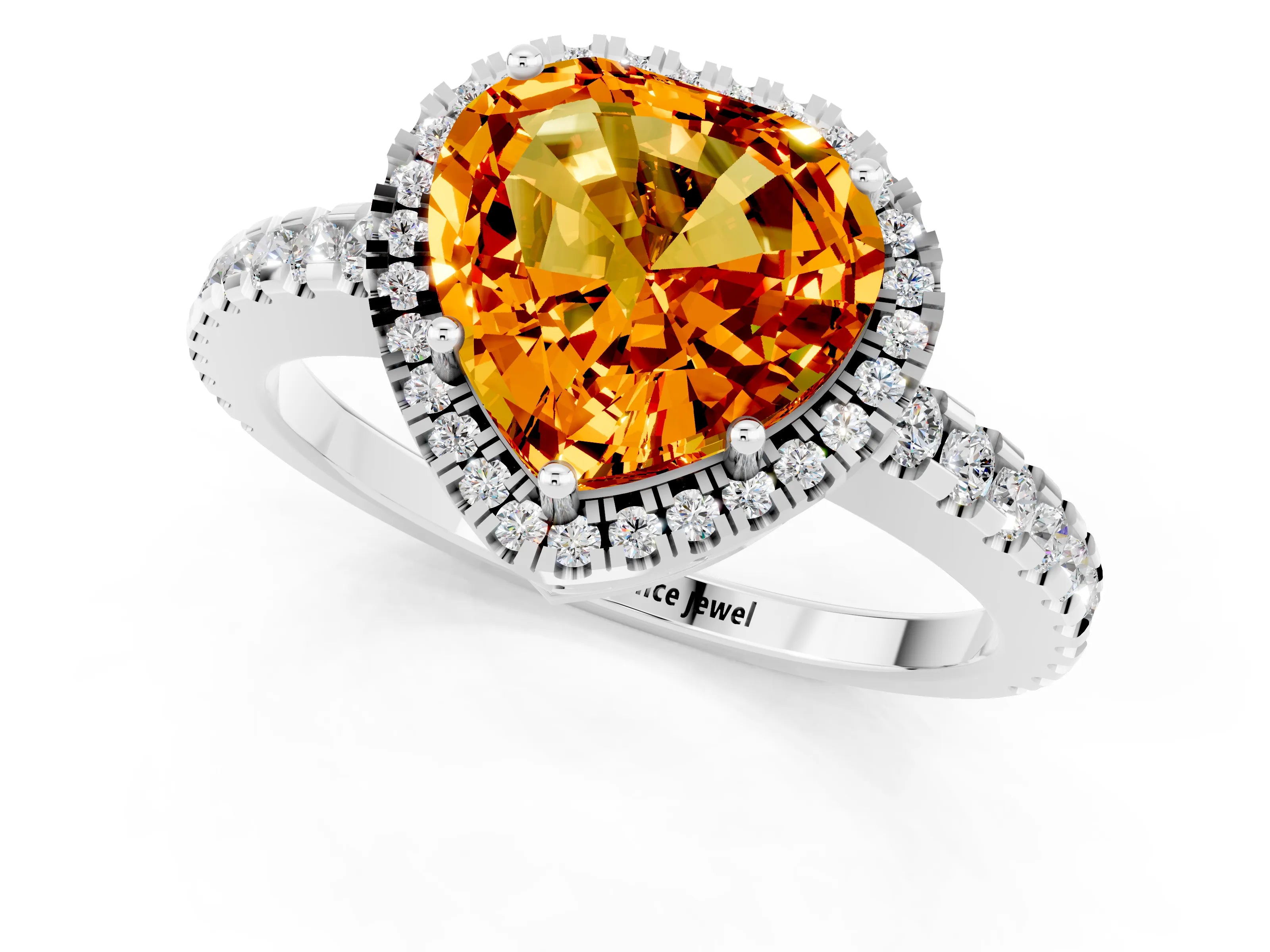 White gold Heart Cut Citrine Halo Engagement Ring with Pavé Band and Prong Setting_13