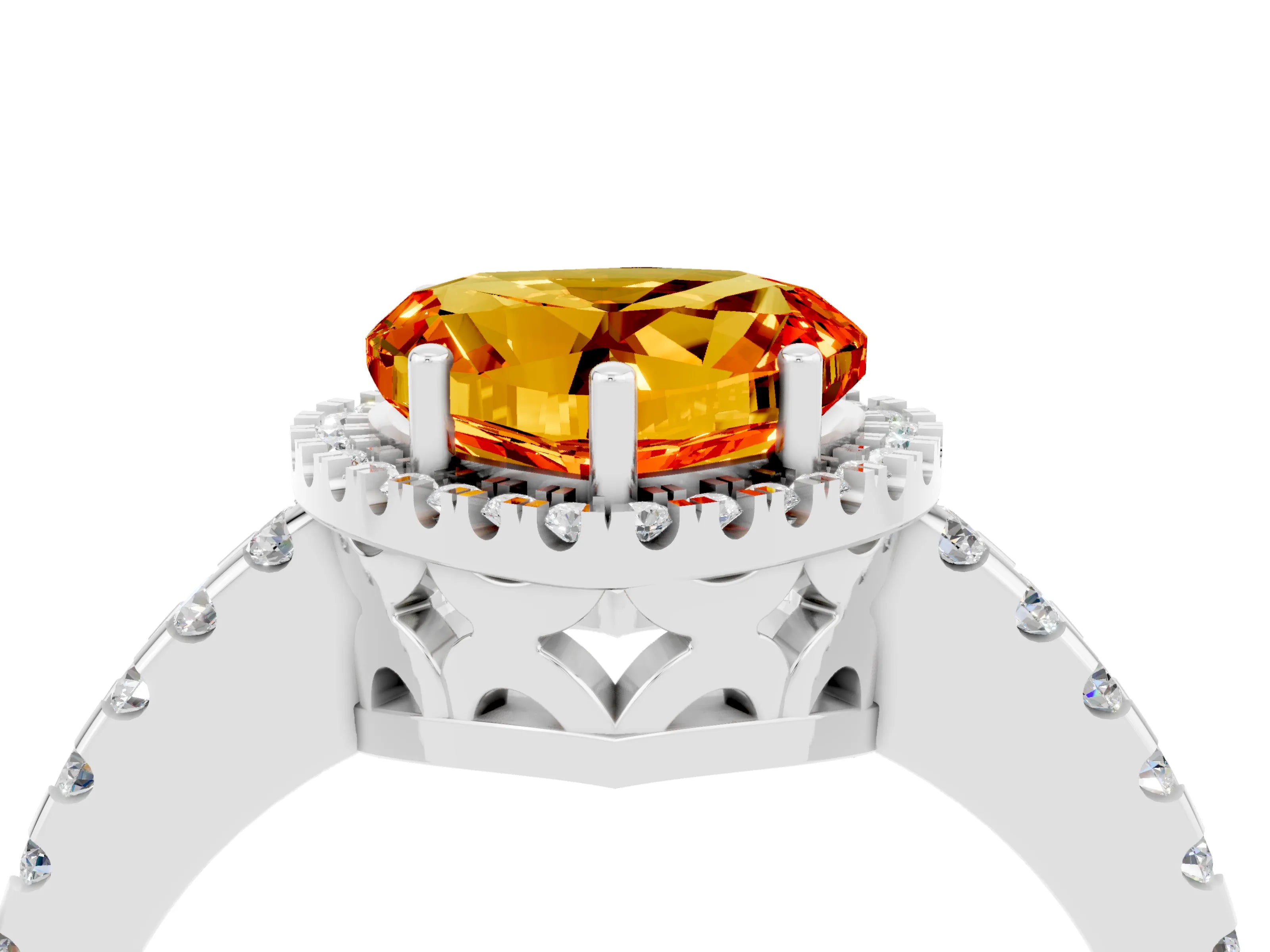 White gold Heart Cut Citrine Halo Engagement Ring with Pavé Band and Prong Setting_16