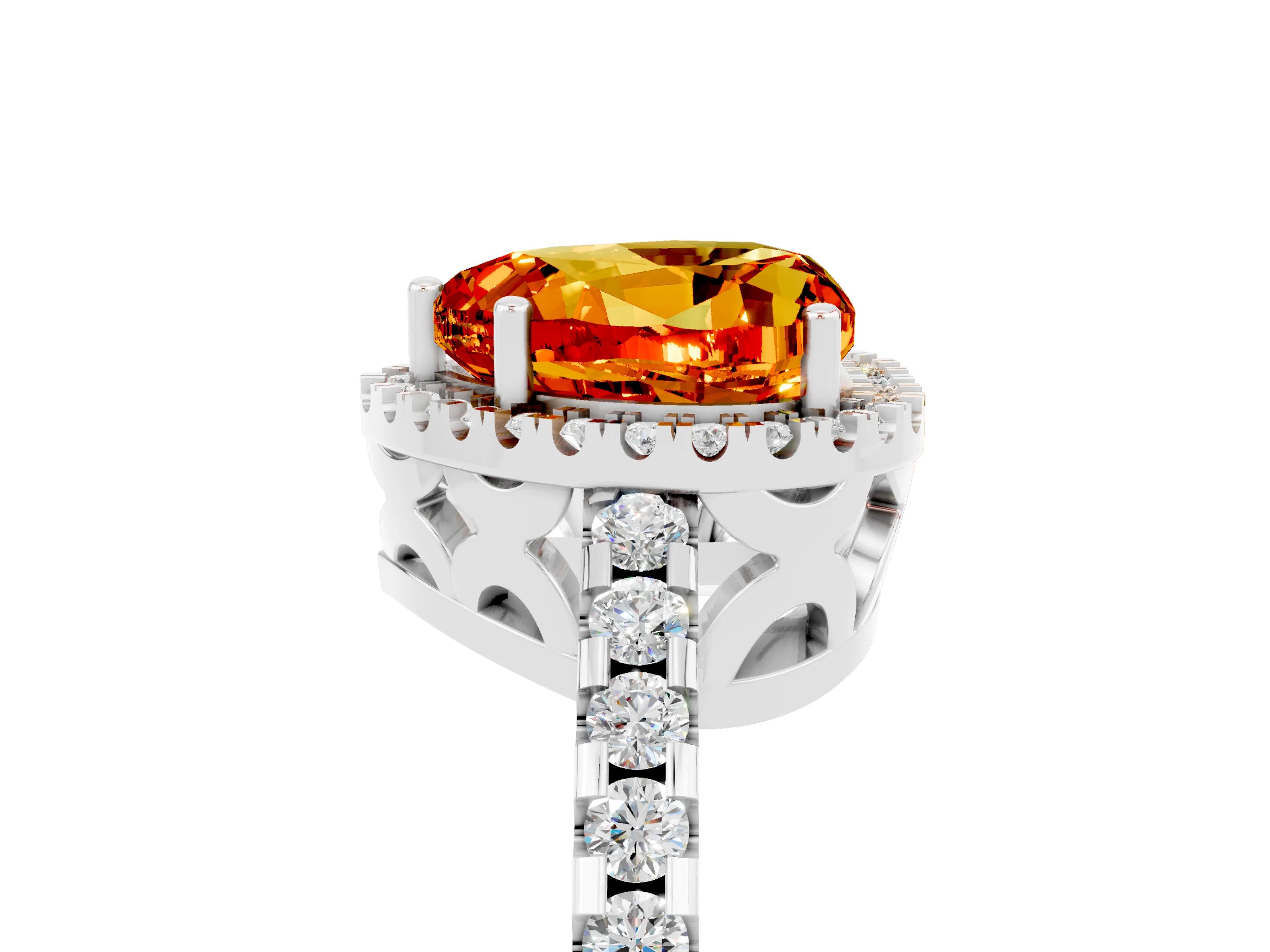 White gold Heart Cut Citrine Halo Engagement Ring with Pavé Band and Prong Setting_17