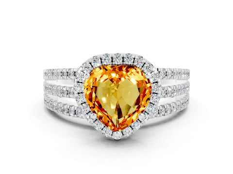 White gold Heart Cut Citrine Halo Engagement Ring with Split Shank and Four-Prong Setting_12