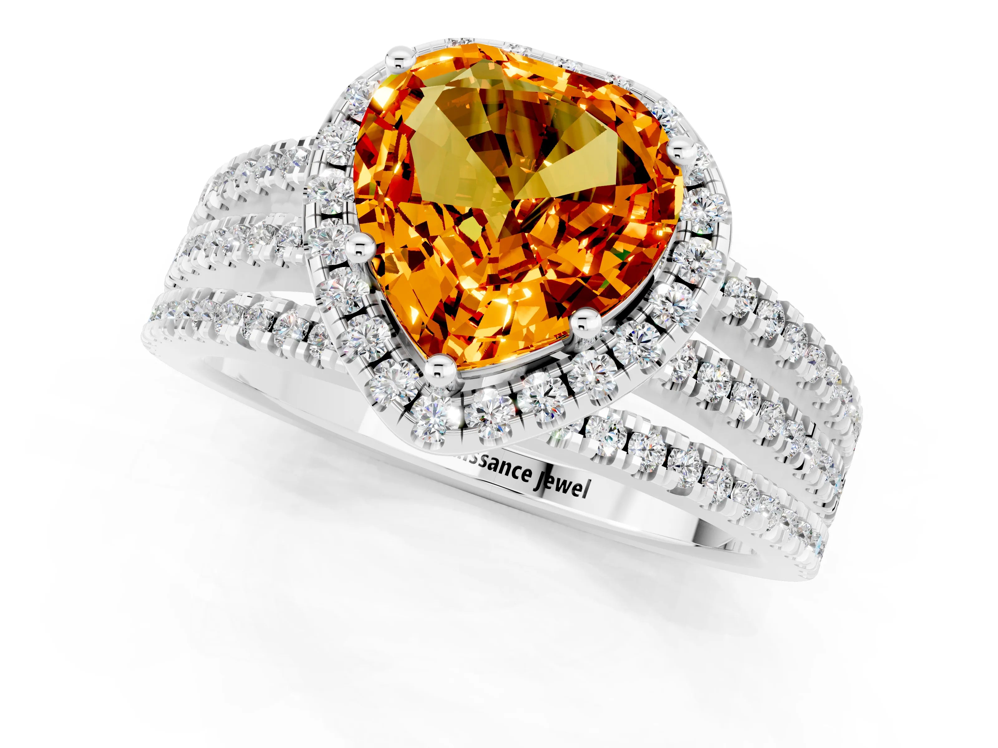 White gold Heart Cut Citrine Halo Engagement Ring with Split Shank and Four-Prong Setting_13