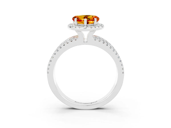 Platinum Heart Cut Citrine Halo Engagement Ring with Split Shank and Four-Prong Setting
