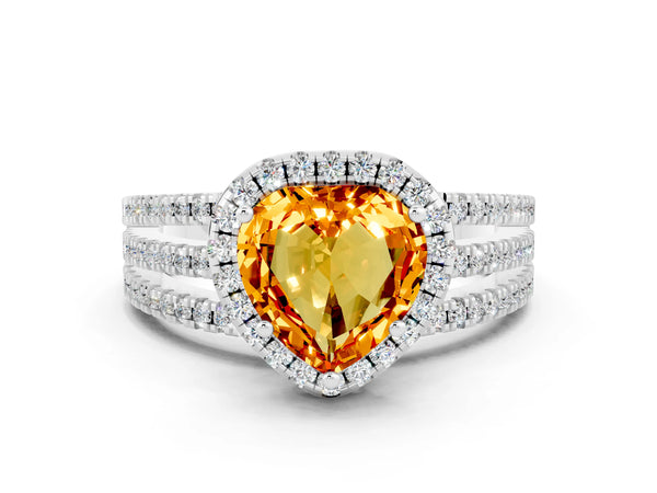Silver Heart Cut Citrine Halo Engagement Ring with Split Shank and Four-Prong Setting