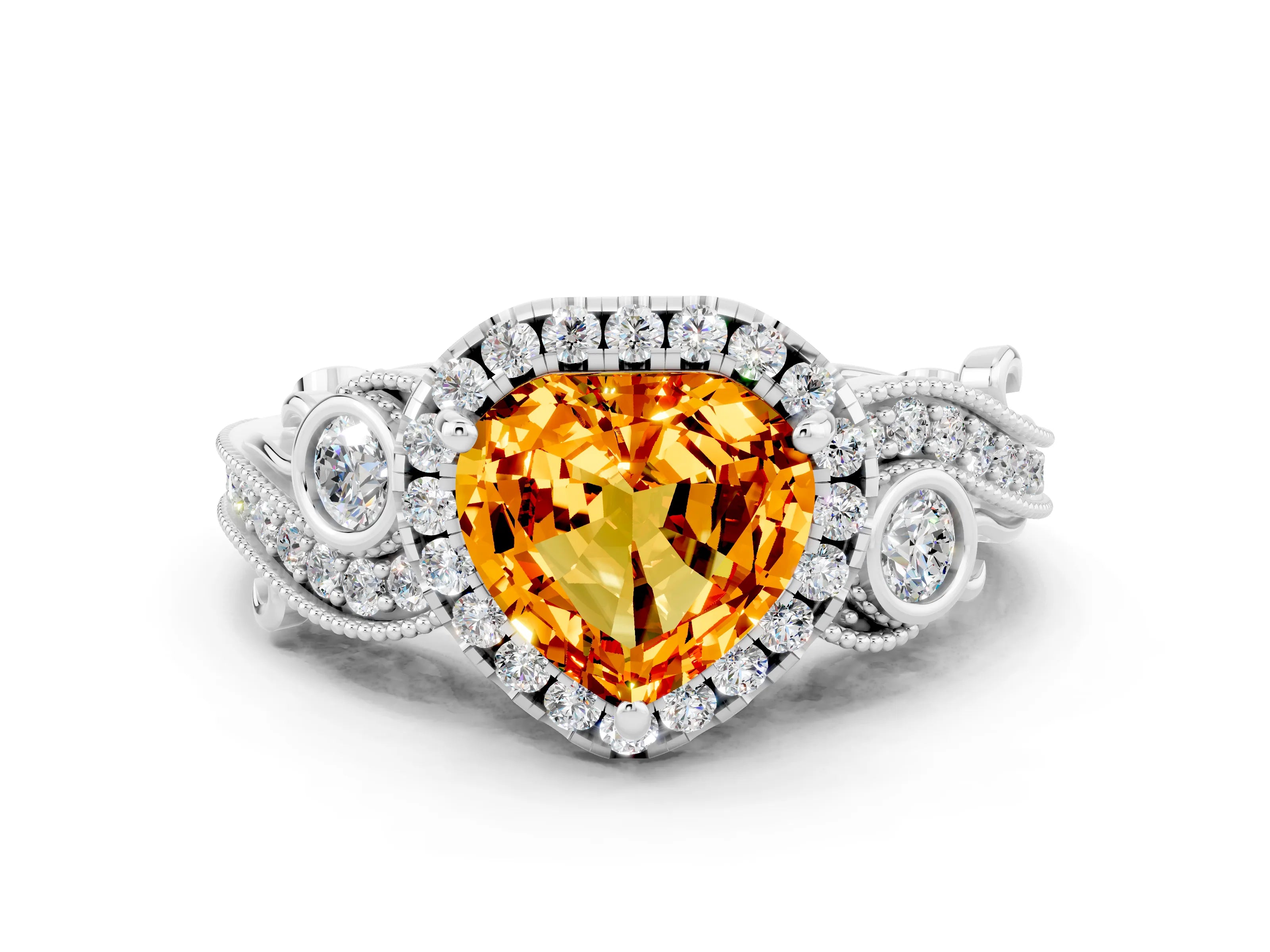 White gold Heart Cut Citrine Halo Ring with Milgrain Pavé Band and Four-Prong Setting_12