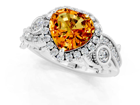 White gold Heart Cut Citrine Halo Ring with Milgrain Pavé Band and Four-Prong Setting_13