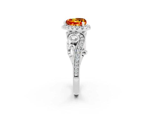 Silver Heart Cut Citrine Halo Ring with Milgrain Pavé Band and Four-Prong Setting