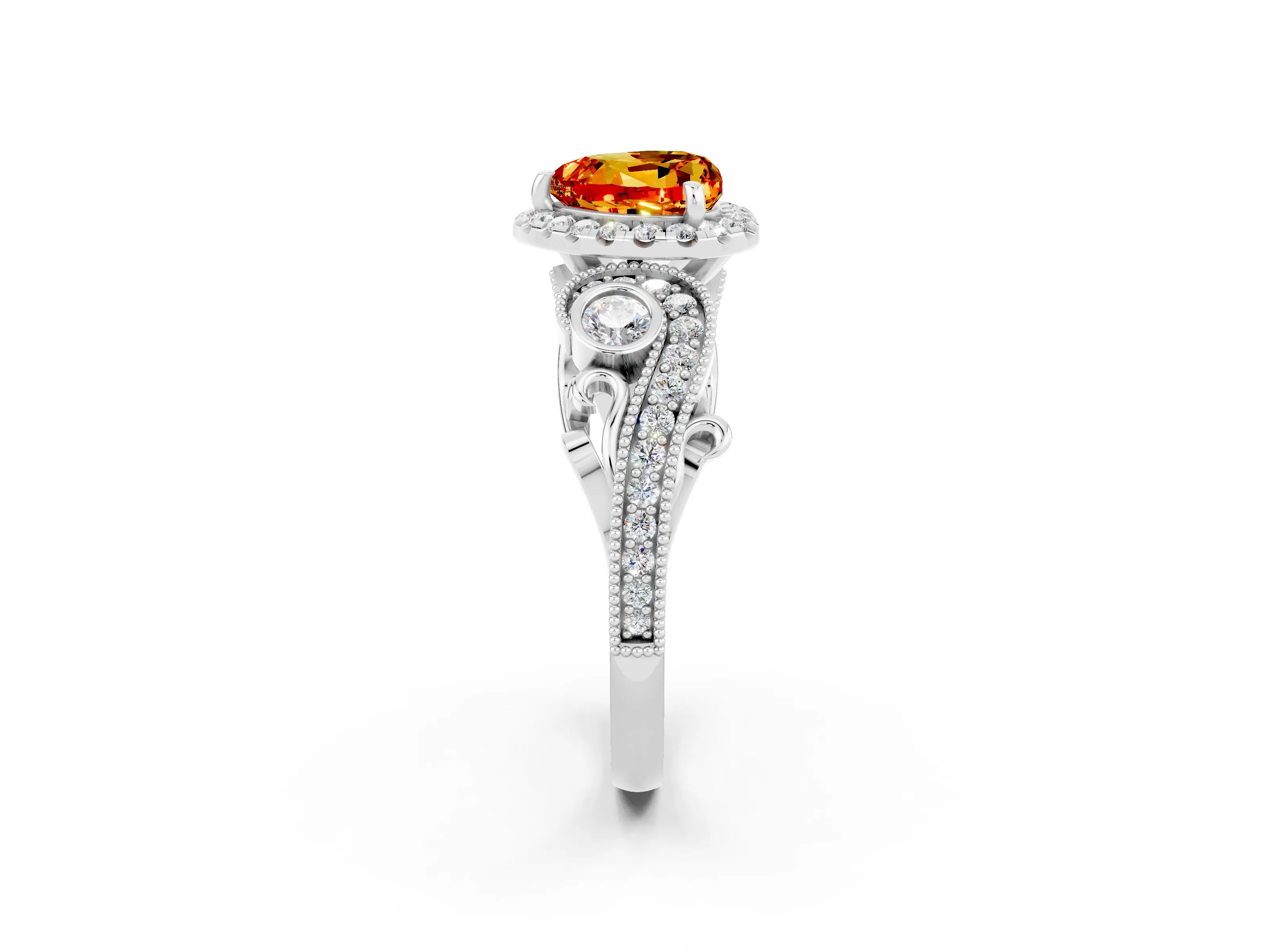 White gold Heart Cut Citrine Halo Ring with Milgrain Pavé Band and Four-Prong Setting_14