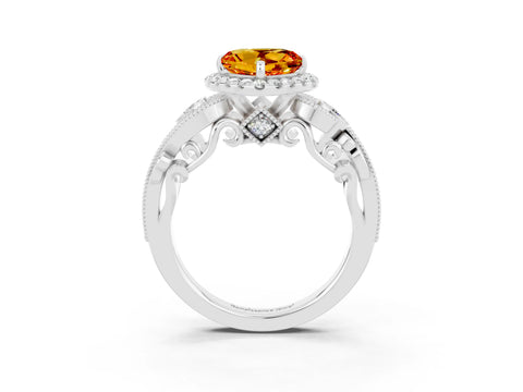 White gold Heart Cut Citrine Halo Ring with Milgrain Pavé Band and Four-Prong Setting_15