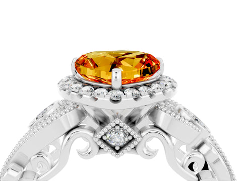 White gold Heart Cut Citrine Halo Ring with Milgrain Pavé Band and Four-Prong Setting_16