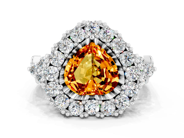 White gold Heart Cut Citrine Halo Ring with Pavé Band and Four-Prong Setting