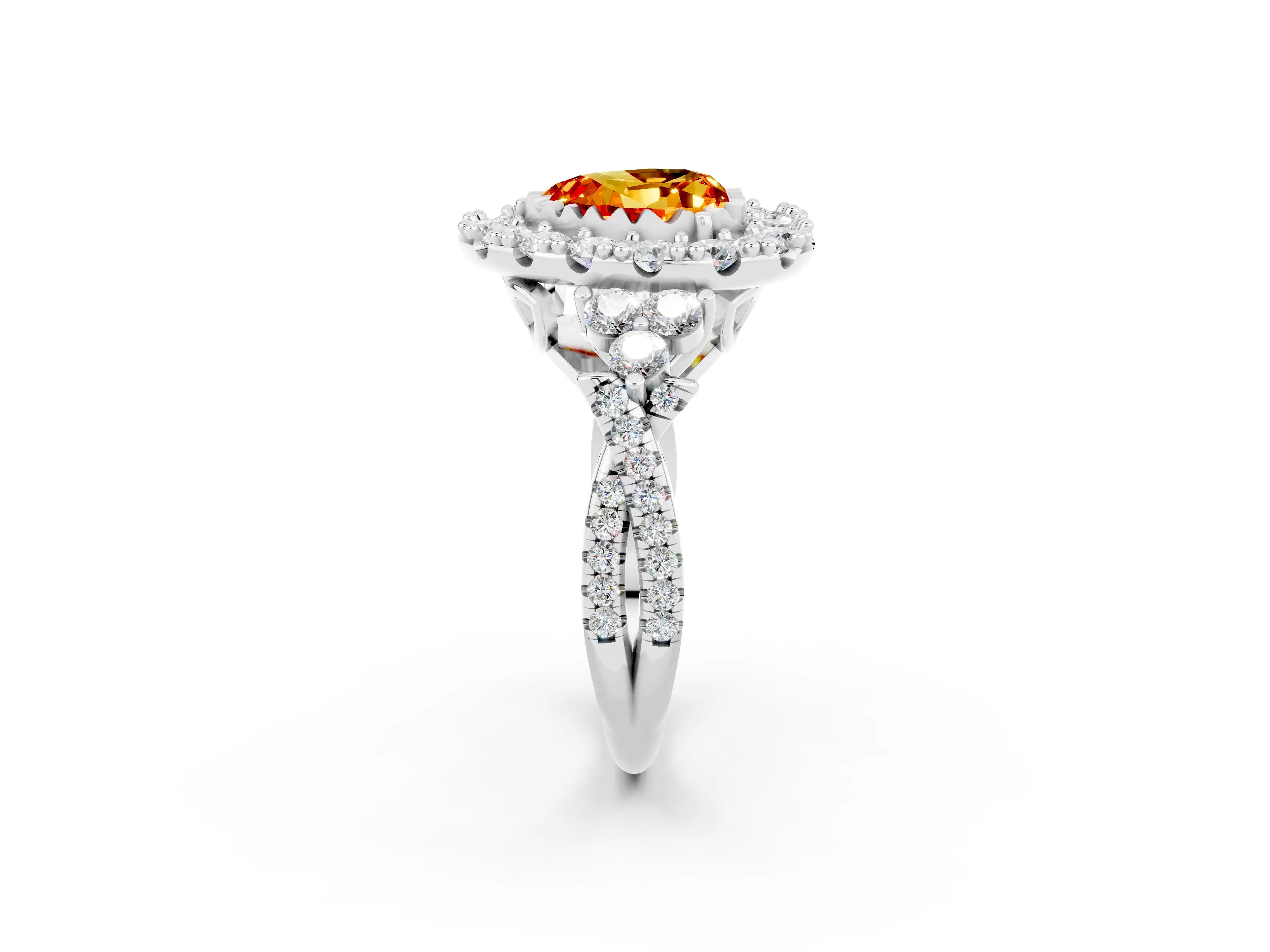 White gold Heart Cut Citrine Halo Ring with Pavé Band and Four-Prong Setting_14