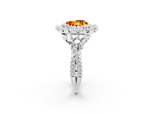 White gold Heart Cut Citrine Halo Ring with Pavé Band and Four-Prong Setting