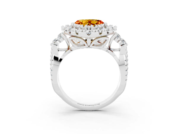 Platinum Heart Cut Citrine Halo Ring with Pavé Band and Four-Prong Setting