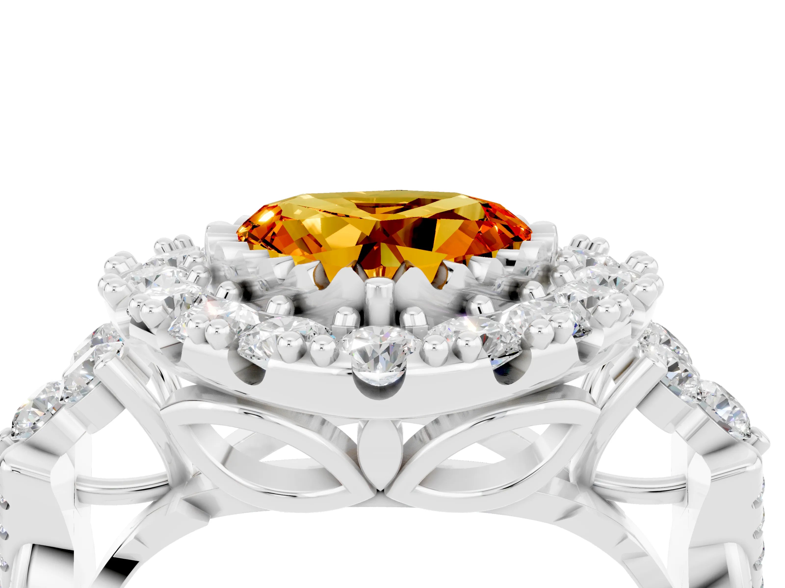 White gold Heart Cut Citrine Halo Ring with Pavé Band and Four-Prong Setting_16