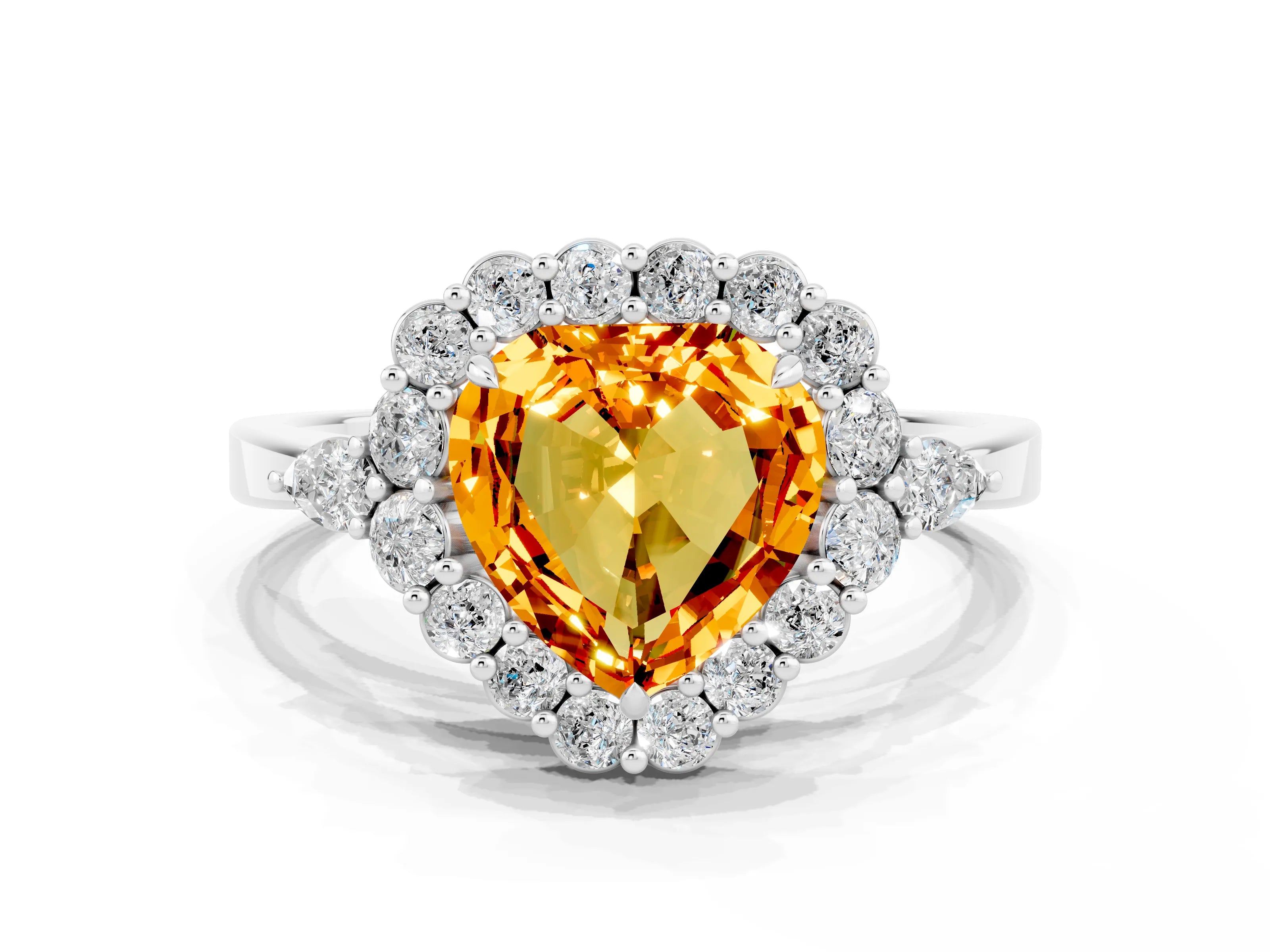 White gold Heart Cut Citrine Halo Ring with Pear Side Stones and Prong Setting_24