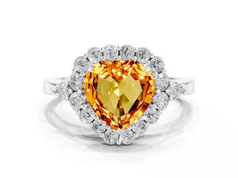 White gold Heart Cut Citrine Halo Ring with Pear Side Stones and Prong Setting_24