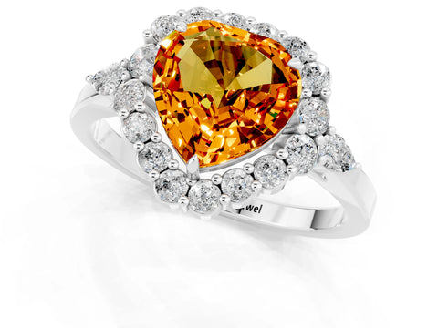 White gold Heart Cut Citrine Halo Ring with Pear Side Stones and Prong Setting_25