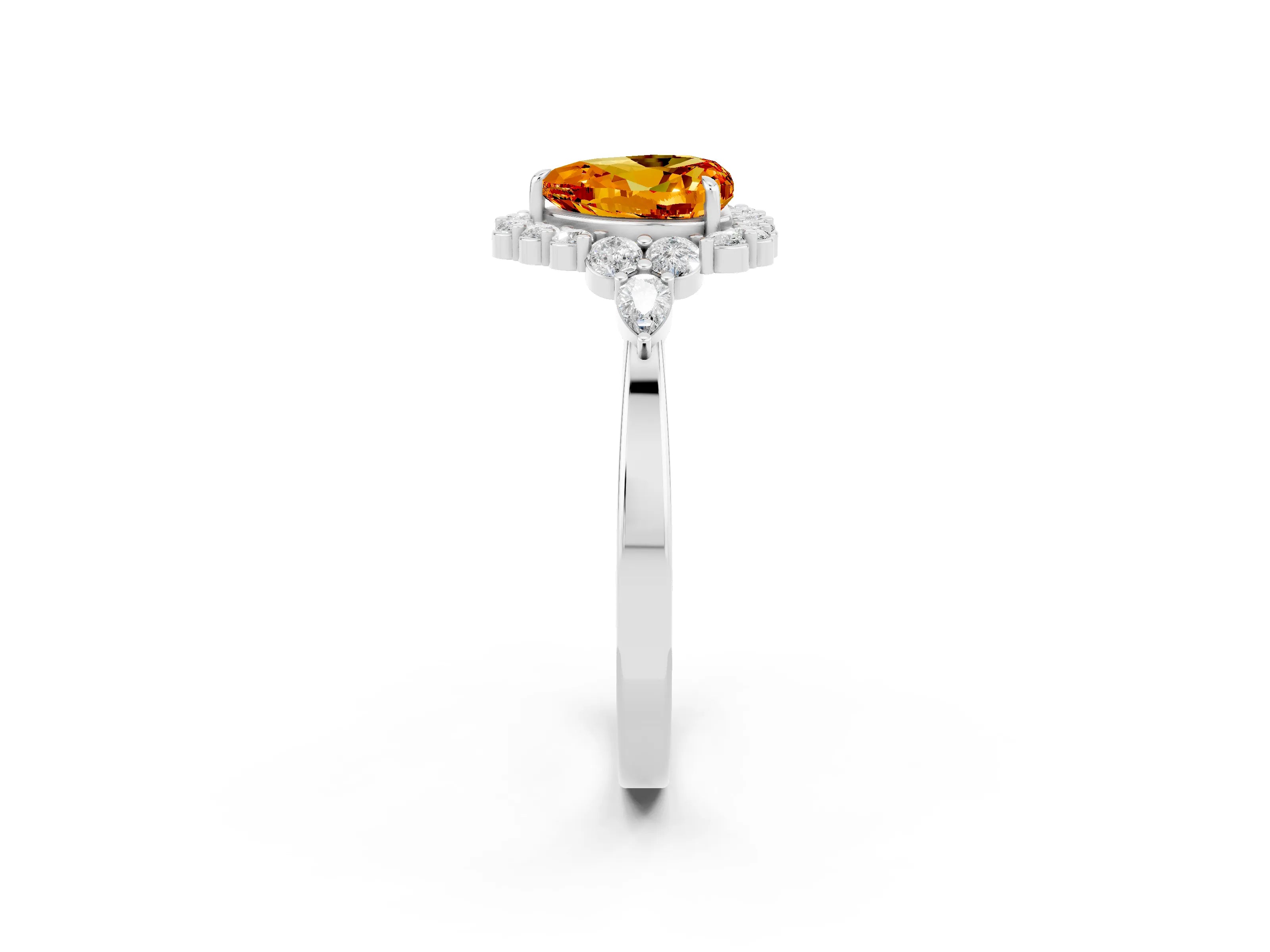 White gold Heart Cut Citrine Halo Ring with Pear Side Stones and Prong Setting_26