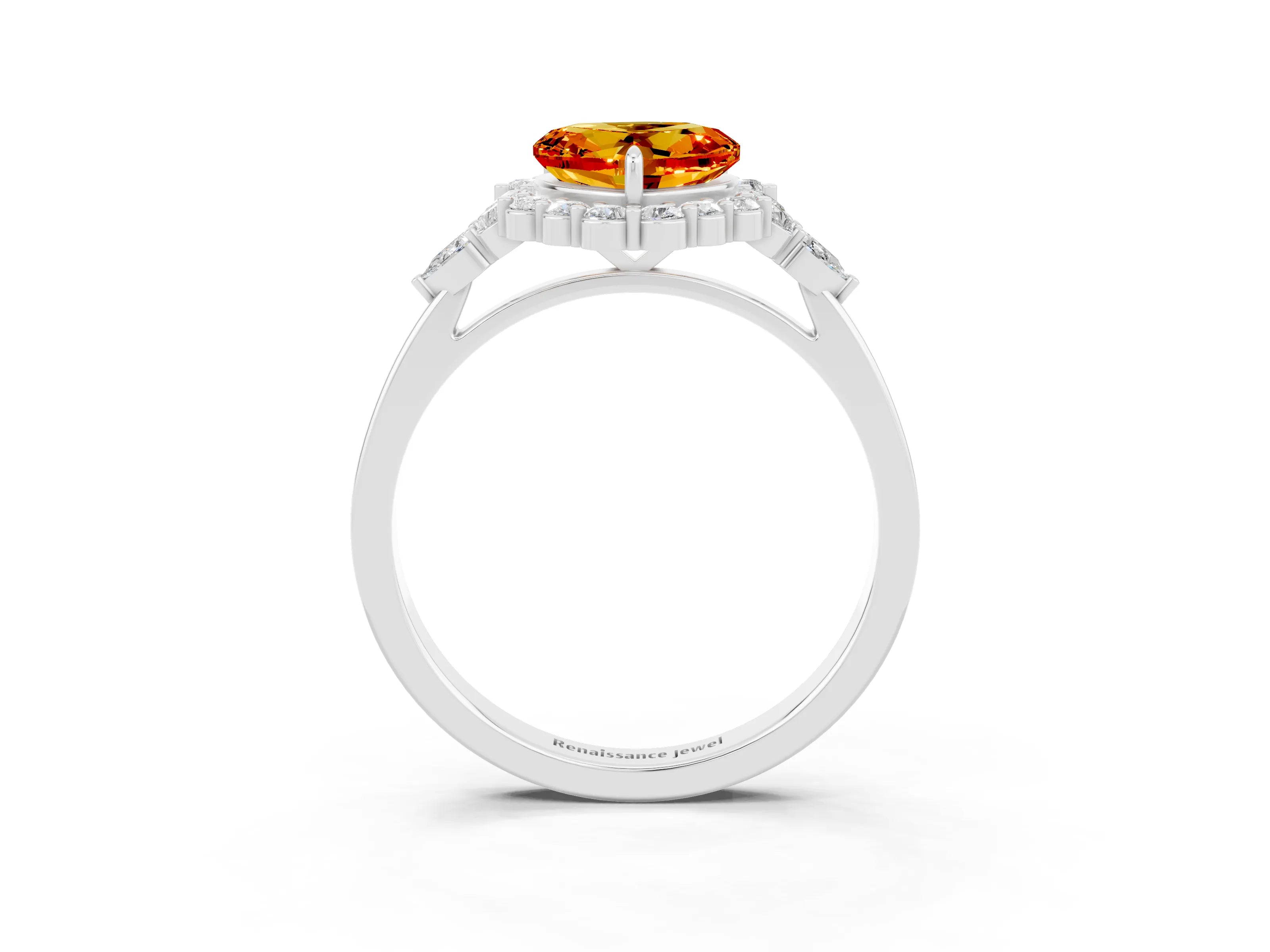 White gold Heart Cut Citrine Halo Ring with Pear Side Stones and Prong Setting_27