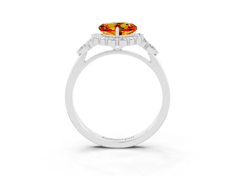White gold Heart Cut Citrine Halo Ring with Pear Side Stones and Prong Setting_27