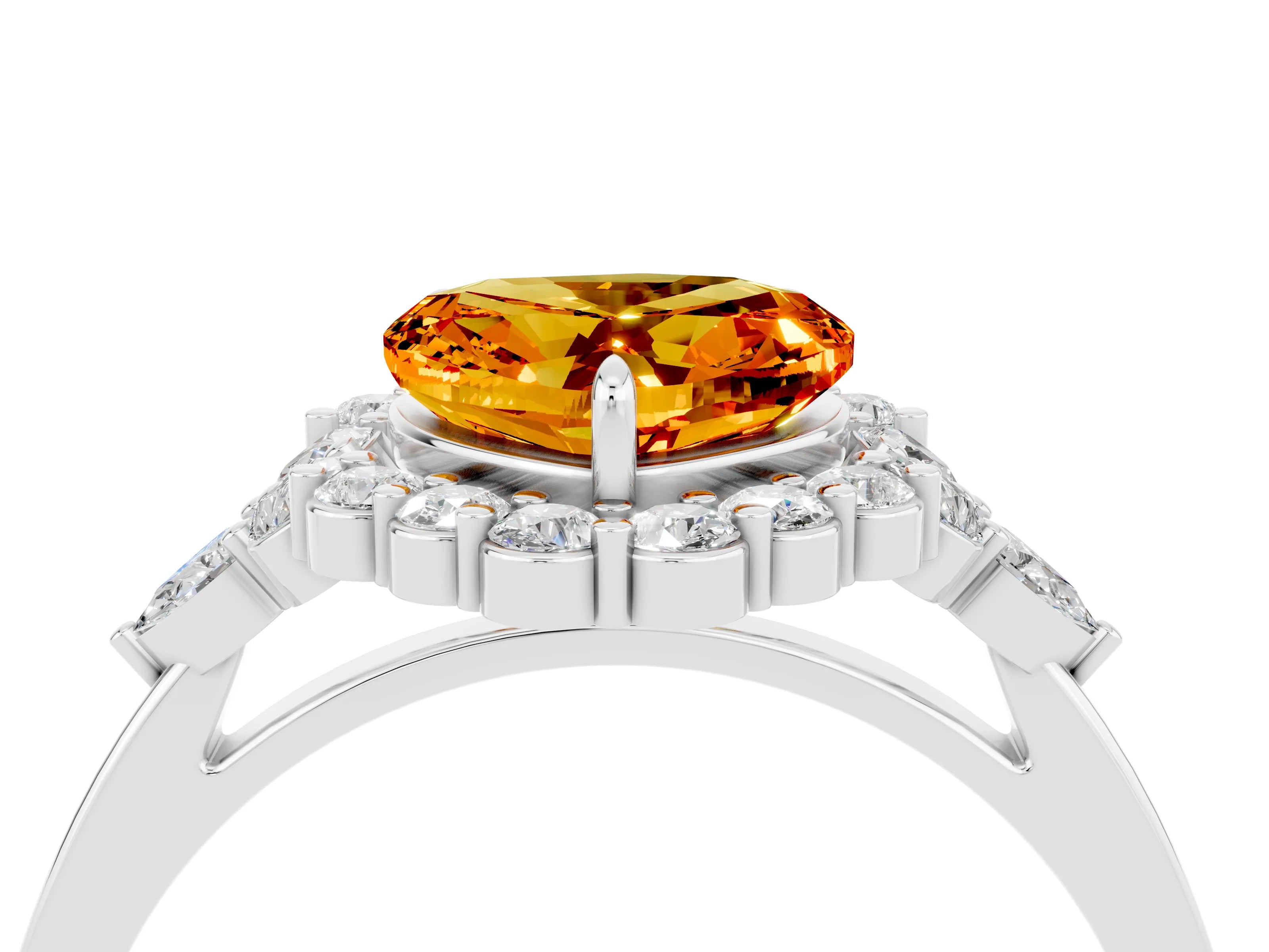 White gold Heart Cut Citrine Halo Ring with Pear Side Stones and Prong Setting_28